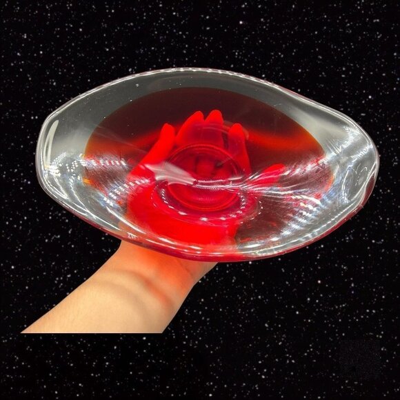 Sommerso Art Glass Bowl Centerpiece Red Clear Dish 9.5”W 3”T - Picture 3 of 10